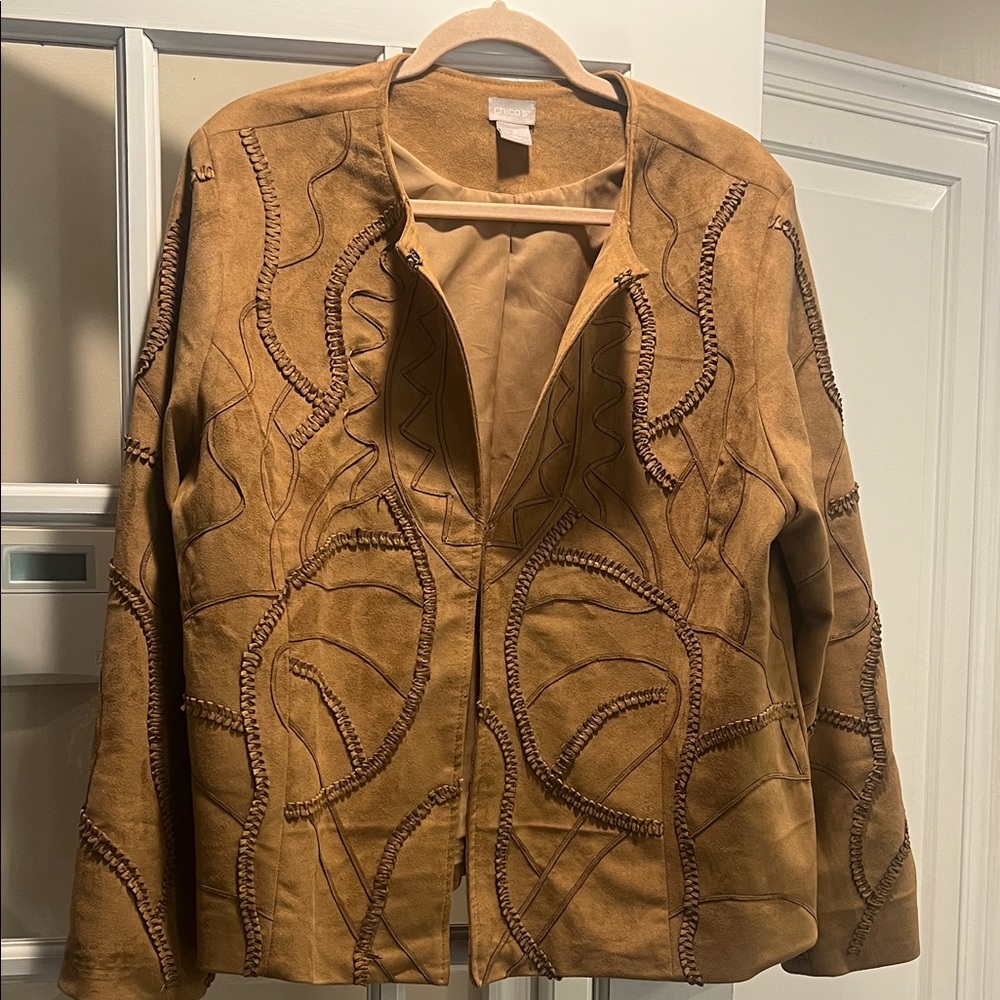 Chico's Tan Embroidered Blazer Faux Suede